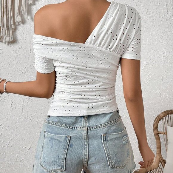 White Casual Women's Asymmetrical Neck Eyelet Embroidery Tee - Picture 2 of 6